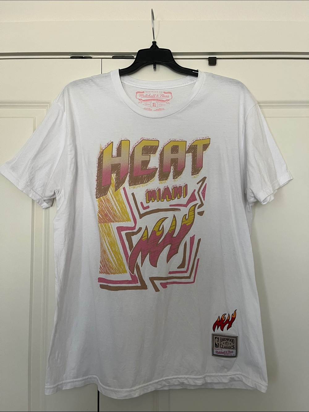 Mitchell & Ness White Miami Heat Graphic Tee with Pink & Gold Accents